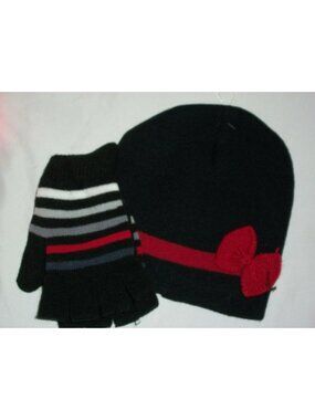 Black Red Bow Winter Beanie Gloves Mittens Set Hat Cap Knit  Girl's Child's